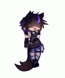 a cartoon character with horns and a purple tail is wearing a black tank top and jeans .