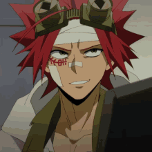 a man with red hair and a bandage on his head has chinese writing on his face