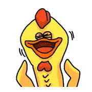 a cartoon chicken is laughing with its mouth open and a heart on its chest .