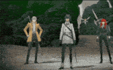 a group of anime characters standing next to each other with swords