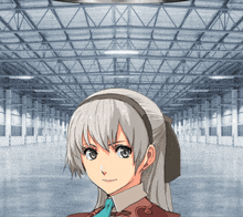 a girl with gray hair and a headband stands in an empty warehouse