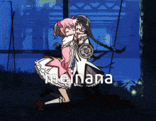 a cartoon of two girls hugging each other with the name meinana on the bottom