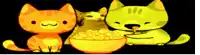 three cartoon cats are eating from a bowl of cereal