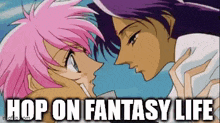a couple of anime characters kissing each other with the words `` hop on fantasy life '' written above them .