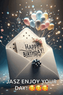 an envelope with balloons and a card that reads happy birthday