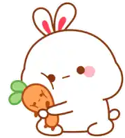 a cartoon rabbit is holding a carrot with a green leaf .