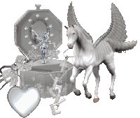 a white horse with wings is standing next to a box with a fairy on it