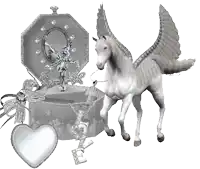 a white horse with wings is standing next to a box with a fairy on it