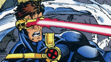 a comic book character with a x on his chest is shooting a red light