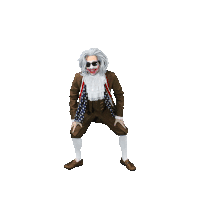 a man in a costume with an american flag scarf around his neck is standing with his arms outstretched