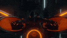 a man in a futuristic suit is flying through a dark room
