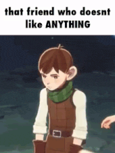 a cartoon boy with a green scarf around his neck is standing next to a person .