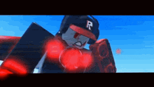 a cartoon character with a r on his hat is holding a red object .
