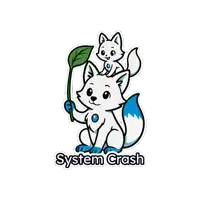 a sticker of two white foxes with the words system crash on the bottom