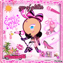 a picture of a girl holding a microphone with the words eye of glitter above her