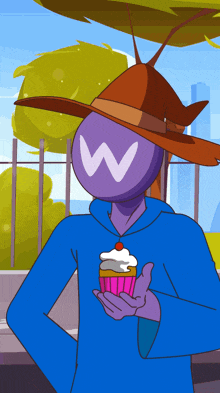 a cartoon character with the letter w on his face