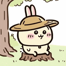 a cartoon of a rabbit wearing a hat sitting on a tree stump