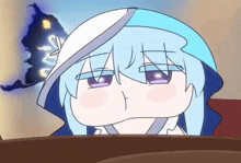a cartoon girl with blue hair and purple eyes is making a funny face .