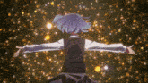 a person with their arms outstretched in front of a glowing background