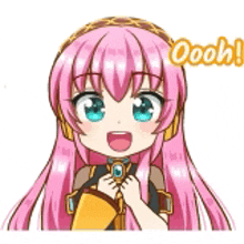 a cartoon girl with pink hair and blue eyes is wearing headphones and a necklace .