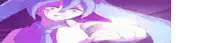 a purple and blue anime character is pointing at the camera with her hand .