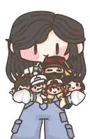 a cartoon of a girl holding a bunch of stuffed animals