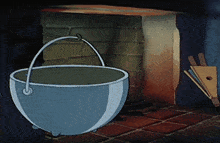 a cartoon drawing of a pot next to a fireplace with a broom