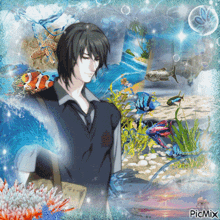 a picture of a man surrounded by fish and seaweed has the watermark picmix