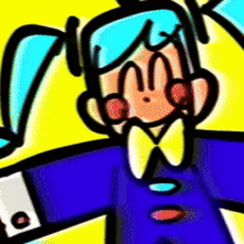 a cartoon character with blue hair is wearing a blue jacket and tie .
