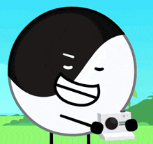 a cartoon character holding a polaroid camera