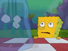 a cartoon of spongebob saying " you " in front of a glass
