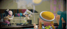 a cartoon character with a yellow hat that says ' squid ' on it