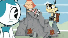 a cartoon of a girl sitting on a rock and a boy holding a camera