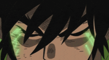 a close up of a cartoon character 's face with black hair and white eyes