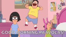 a group of cartoon characters from bob 's burgers are standing in a room .