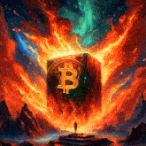 a painting of a man standing in front of a burning block with the letter b on it