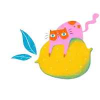 a colorful illustration of a cat laying on top of a lemon