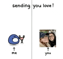 a cartoon of a penguin with a heart and a picture of two women .