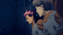 a man and a woman are standing in a dark room