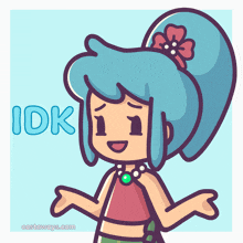 a cartoon drawing of a girl with blue hair and the word idk behind her