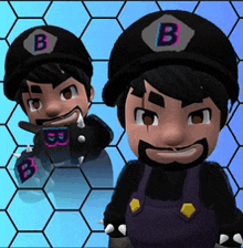 a cartoon character with the letter b on their hat