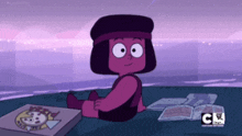 a cartoon character is sitting next to a box of pizza that says very tasty