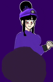 a cartoon character with a purple hat and a purple shirt
