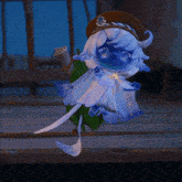 a cartoon character with blue hair and white wings