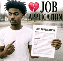 a man holds a job application in front of a broken heart