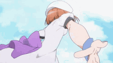 a girl in a white dress with a purple bow on her back is flying through the air .