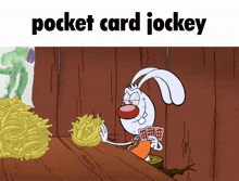 a cartoon of a rabbit holding a bunch of french fries and playing a game called pocket card jockey