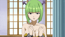 a naked anime girl with green hair and horns