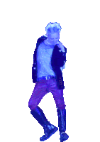 a man in a black jacket and red pants is dancing and holding a microphone