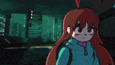 a cartoon drawing of a girl in a blue hoodie
